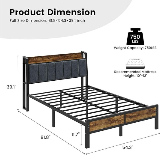 Full Size Bed Frame with Smart LED Lights and Charging Station, Storage Headboard, Heavy Duty Metal Platform Bed, Noise Free, No Box Spring Needed, Easy Assembly