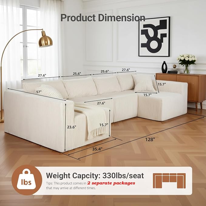 128" U-Shaped Modular Sofa, Modern Cloud Couch with Double Chaise, Sectional Boneless Couch with Pillows, Deep Seat Sofa for Living Room Bedroom, No Assembly Required, Khaki