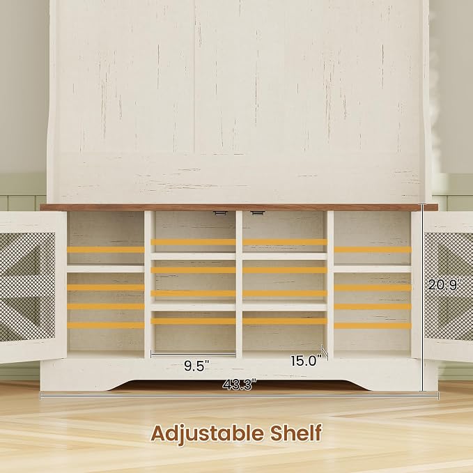 Itaar Hall Tree with Bench and Shoe Storage, 5-in-1 Entryway Bench with Coat Rack, 10 Shoe Cubbies & 9 Coat Hooks, Barn Door & Adjustable Shelf (White)