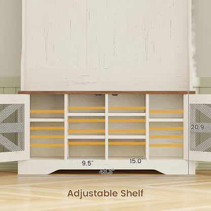Itaar Hall Tree with Bench and Shoe Storage, 5-in-1 Entryway Bench with Coat Rack, 10 Shoe Cubbies & 9 Coat Hooks, Barn Door & Adjustable Shelf (White)