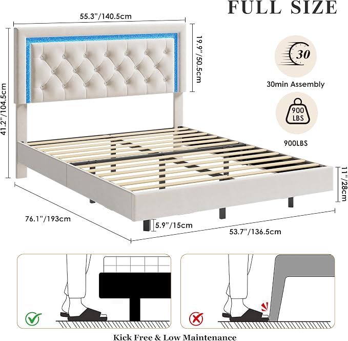 Garvee Floating Bed Frame Full Size with Smart Led Lights, Upholstered Platform Bed with Diamond Headboard, Solid Wood Slats Support, No Box Spring Needed, Noise-Free, Easy Assembly, White