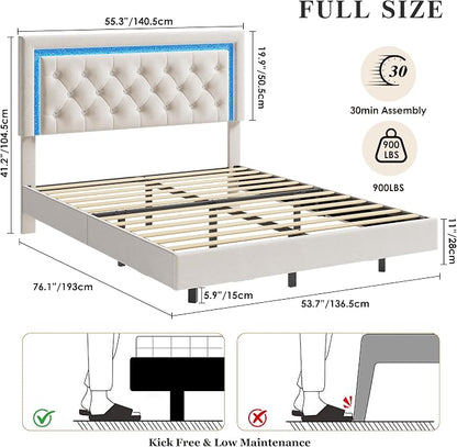 Garvee Floating Bed Frame Full Size with Smart Led Lights, Upholstered Platform Bed with Diamond Headboard, Solid Wood Slats Support, No Box Spring Needed, Noise-Free, Easy Assembly, White