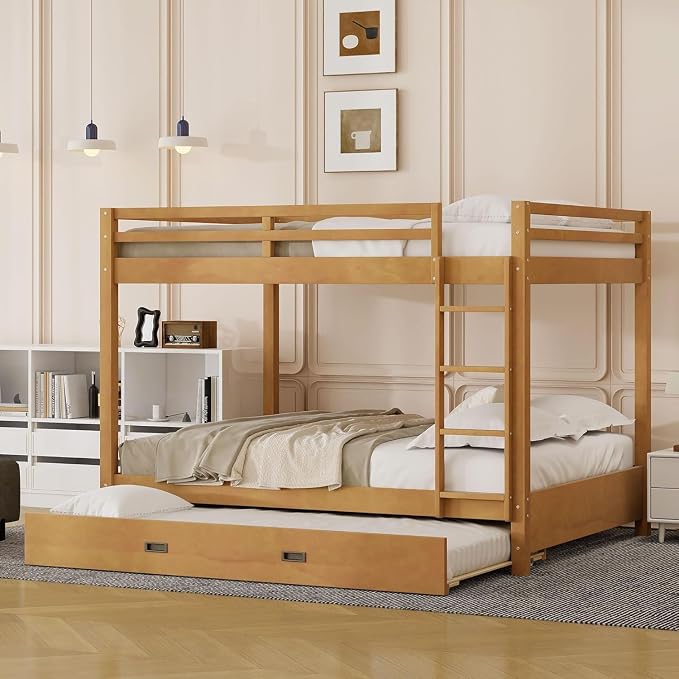 MERITLINE Queen Over Queen Bunk Bed with Twin XL Trundle, Solid Wood Bunk Bed with Ladders and Guardrails for Adults (Natural Wood)