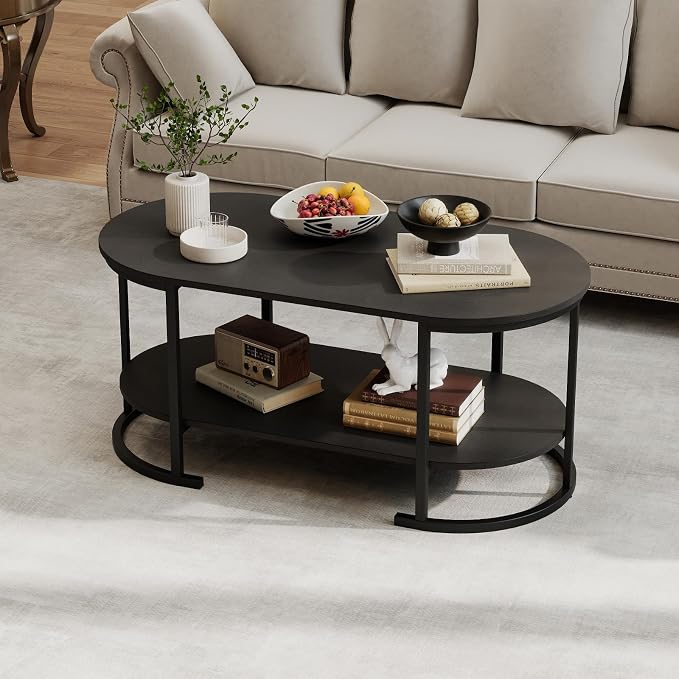 Giantex 2-Tier Coffee Table, Oval Center Table with Wood Grain Top & Open Storage Shelf, Modern Accent Table with Heavy Duty Metal Frame, Cocktail Table for Living Room Reception (Black)
