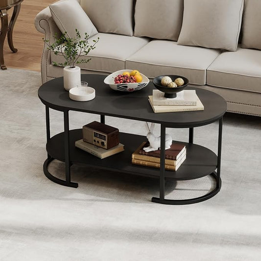 Giantex 2-Tier Coffee Table, Oval Center Table with Wood Grain Top & Open Storage Shelf, Modern Accent Table with Heavy Duty Metal Frame, Cocktail Table for Living Room Reception (Black)