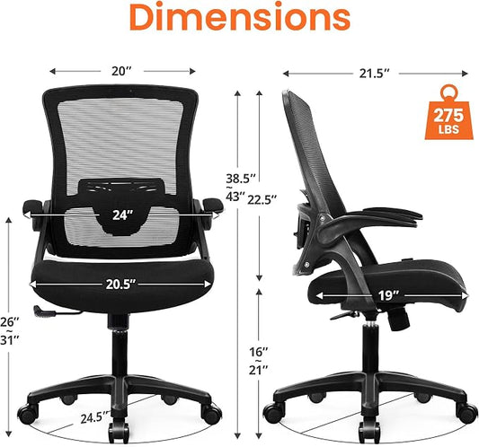 NEO Chair Mesh High Back Chair Home Office Ergonomic Computer Adjustable Height Desk Chair with Lumbar Support Padded Flip-up Armrest Swivel Executive Chair (Mesh Black)