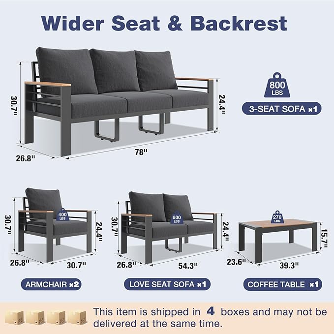 Aoxun Aluminum Patio Furniture Set 7 Seats, Oversized Outdoor Sectional with Washable Thick Cushions, Coffee Table, Patio Conversation Sets for Porch, Balcony, Deck, Dark Gray