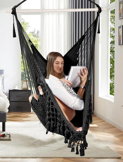 Chihee Hammock Chair Handmade Hanging Chair Cotton Rope Woven Hanging Seat Soft-Spun Large Stretch Hammock Swing, Collapsible Strong Metal Spreader Bar Elegant Macrame Comfort Indoor Outdoor Garden