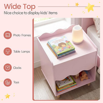 Costzon Nightstand, Kids Scalloped Side Table w/Wide Top, Large Storage Compartment & Solid Rubber Wood Legs, Wooden End Table for Children's Play Room, Bedroom, Living Room (Pink)
