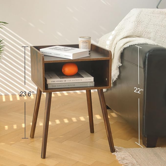 MaxSmeo Night Stand Set 2, Mid Century Modern Side Table Bedroom with Storage, Small End Bedside Table Set of 2 with Solid Wood Legs for Living Room, Office Small Spaces (Rustic Brown)