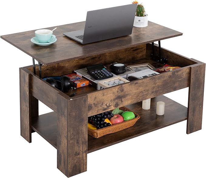 FDW Lift Top Coffee Table with Hidden Compartment and Storage Shelf Wooden Lift Tabletop for Home Living Room Reception Room Office,39.4",Brown