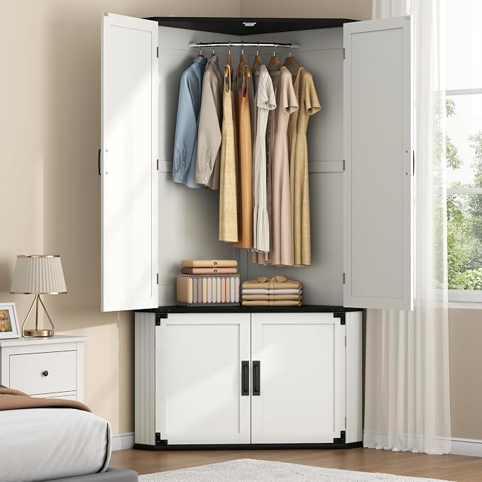 Gyfimoie Corner Wardrobe Closet with Doors, 71" Tall Freestanding Armoire Cabinet with Hanging Rod, Farmhouse Corner Storage Cabinet for Bedroom, White Wooden Corner Closet Organizer for Small Space