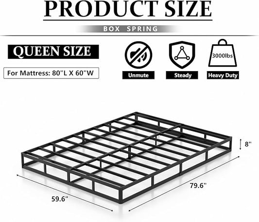 NHODIR 8 Inch Box Spring Queen Size Bed Base, Heavy Duty Metal Queen Mattress Foundation with Fabric Cover, Easy Assembly,Noise Free