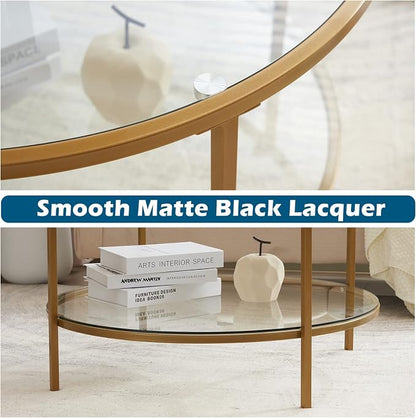 VINGLI Glass Coffee Table,30" Round Coffee Table Gold Coffee Tables for Living Room,2-Tier Glass Top Coffee Table with Storage Clear Coffee Table,Simple & Modern Center Table Mesa de Centro para Sala
