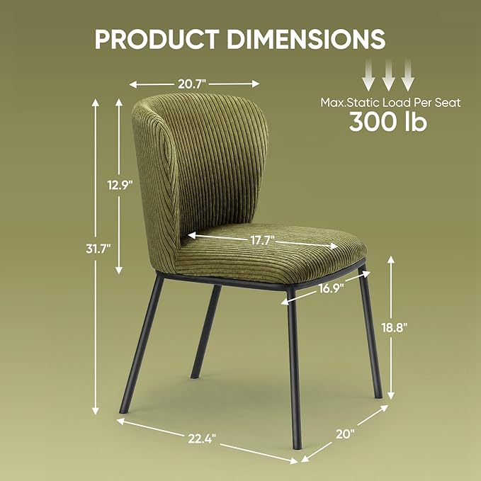 SIMTONAL Upholstered Dining Chairs Set of 2, Dining Chair, Thickened Cushion, Corduroy Fabric, Easy to Clean & Assemble, for Dining Room/Living Room/Office, Green