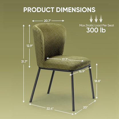 SIMTONAL Upholstered Dining Chairs Set of 2, Dining Chair, Thickened Cushion, Corduroy Fabric, Easy to Clean & Assemble, for Dining Room/Living Room/Office, Green