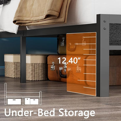 Furnulem Queen Bed Frame with Headboard & 2 Fabric Drawers, Queen Platform Bed Featuring LED Lights, 3-Tier Storage Shelves Built-in Charging Station, Metal Slats, No Box Spring Needed, Easy Assembly