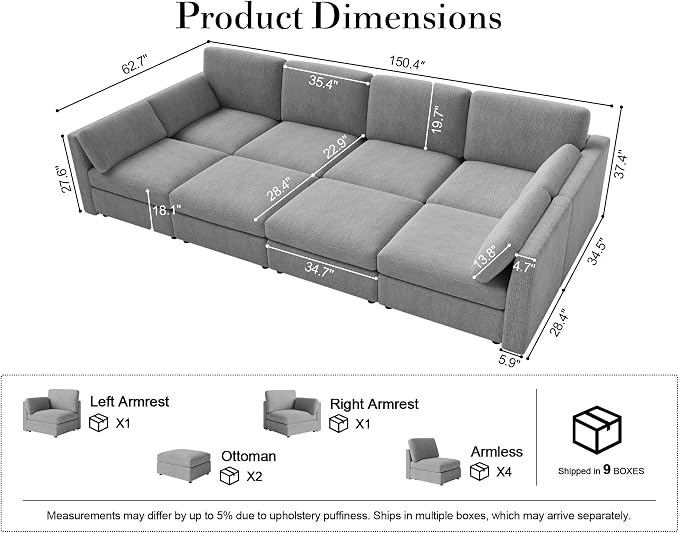 Oversized Modular Sectional Sleeper Sofa Bed Cloud Couches Gray | Deep Seat Couch for Living Room, 8 Seater Luxury Comfortable Sofa with Ottoman, Solid Wood Frame, Removable Washable Cover