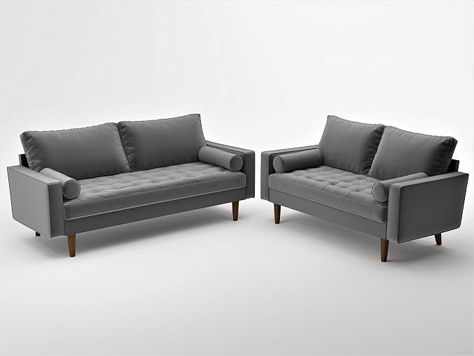 Container Furniture Direct Womble 58 Inch Velvet Loveseat Sofa with Elegant Button Tufted Upholstery, Square Arms, Splayed Wood Legs, Includes Matching Bolster Pillows, Silverish Grey