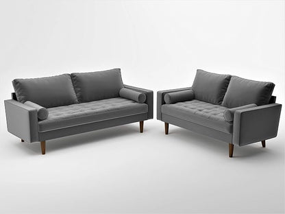 Container Furniture Direct Womble Mid Century Modern Soft Velvet Upholstered Tufted Seat with Bolster Pillows, Loveseat, Sofa, Silverish Grey