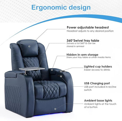 Weilianda Home Theater Seating Top Grain Leather Zero Gravity Recliner Chair Power Headrest Recline Movie Seat Gaming 7 Colors Mood Light Sofa with Tray Table USB Charge Row of 2 Blue
