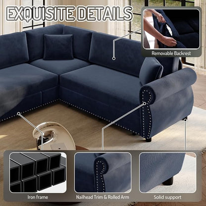 88.2" Sectional Sleeper Sofa with Pull Out Bed - Oversize L-Shaped Convertible Sleeper Couch Bed, Button Tufted Chesterfield Sofa, Chenille Vintage Couches for Living Room/Apartment(4-Seater, Blue)