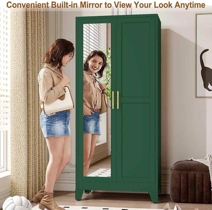 Metal Armoire Wardrobe Closet Storage Cabinet with Mirror Green, 71'' Wardrobe Cabinet with Hanging Rod Metal Closet with 2 Adjustable Shelves for Bedroom, Laundry Room, Cloak Room