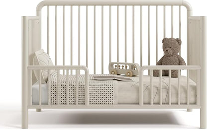 Storkcraft Porto 5-in-1 Convertible Crib with Toddler Guardrail – GREENGUARD Gold Certified, Toddler Bed Conversion Kit Included, 100% Solid Wood, Fits Standard Baby Crib Mattress (Frosted Oat)