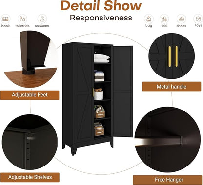 Metal Wardrobe Closet with Doors, 71" H Armoire Wardrobe Closet with 3 Adjustable Shelves and Hanging Rod, Steel Clothing Storage Cabinet for Bedroom, Home, Employee, Gym, Office, Black