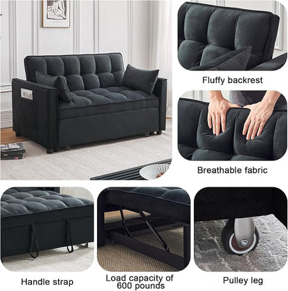 Velvet Pull Out Couch Bed & Sleeper Sofa, 3-in-1 Convertible Sofa Bed with Adjustable Backrest, Storage Pockets, Armrests & Pillows for Small Spaces (Black)