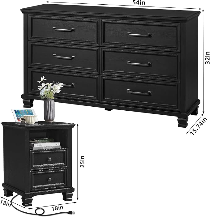 SAVOR LIFE Farmhouse Dresser and Nightstand Sets of 3 Piece, 6 Drawer Dresser and 2 Drawer Nightstand Set, Rustic Wood Bedroom Furniture Set for Home,Hallway,Black