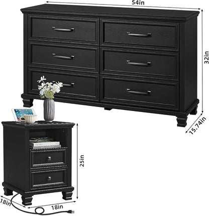 SAVOR LIFE Farmhouse Dresser and Nightstand Sets of 3 Piece, 6 Drawer Dresser and 2 Drawer Nightstand Set, Rustic Wood Bedroom Furniture Set for Home,Hallway,Black