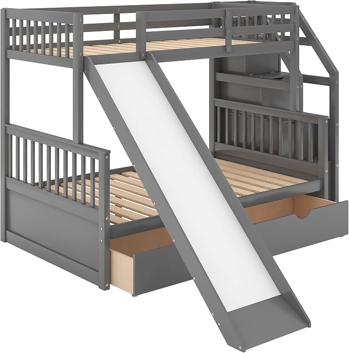 SOFTSEA Twin Over Full Bunk Bed with Storage Drawers Solid Wood Bunk Bed with Stairs and Safety Guardrail