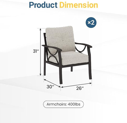 RoyalCraft 2 Pieces Outdoor Single Sofa,All-Weather Patio Metal Armchair,Khaki Metal Furniture with Gray Cushions, Brown