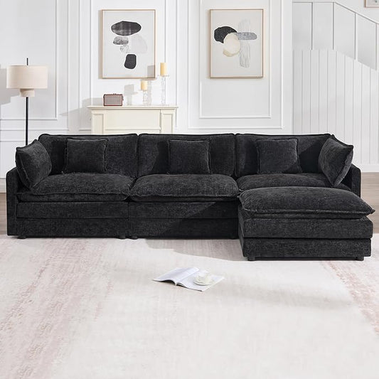 111.5" Modular Sectional Sofa, Large L Shaped Sectionals Cloud Couch, Big Comfy 3-Seat Couch with Ottoman, 4 Seater Chenille Sectional Sofa with Deep Seat and 5 Pillows for Living Room- Black