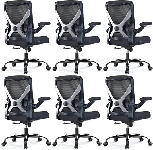 Ergonomic Office Chair - X-Shaped Computer Desk Chairs Comfy, Mesh High-Back Gaming Chair with Adjustable Lumbar Support, Executive Task Chair for Adults, Comfortable for Long Hours, Black, Pack of 6