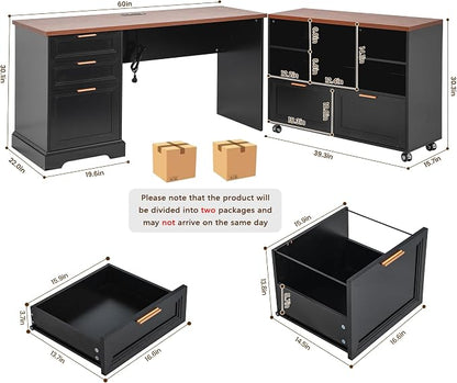 60" Professional Office Desk with 40" Mobile File Cabinet,Business Desk with Charging Station,L Shaped Executive Desk Set for Office Work,Home Study