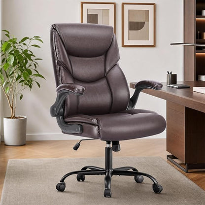 Sweetcrispy Computer Gaming Chair, Ergonomic High Back Heavy Duty Task Desk Office Chairs with Wheels, Flip-up Arms, Adjustable Height, PU Leather,Dark Brown