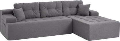 Hobestluk Modular Sectional Sofa Couches L-Shape Couch 3 Seat Modular Sofa Memory Foam Sectional Couches for Living Room, Cloud Couch with Oversized Chaise (Grey Tufted, 96", Right Hand Facing)