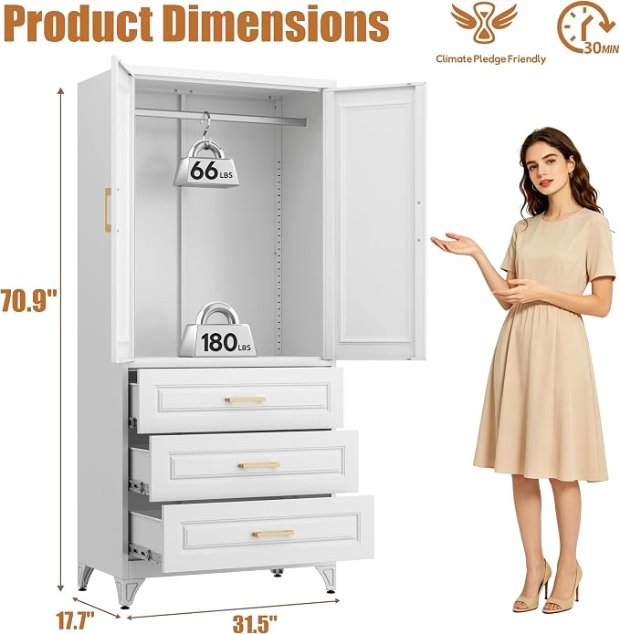 Metal Armoire Wardrobe Closet, 3 Drawers Clothes Storage Cabinet | Metal Wardrobe Cabinet with Doors, Hanging Rod, 71"Tall White Armoires, Closet for Bedroom, Bathroom, Gym