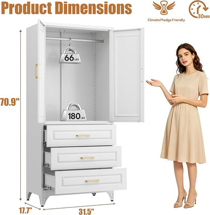 Metal Armoire Wardrobe Closet, 3 Drawers Clothes Storage Cabinet | Metal Wardrobe Cabinet with Doors, Hanging Rod, 71"Tall White Armoires, Closet for Bedroom, Bathroom, Gym