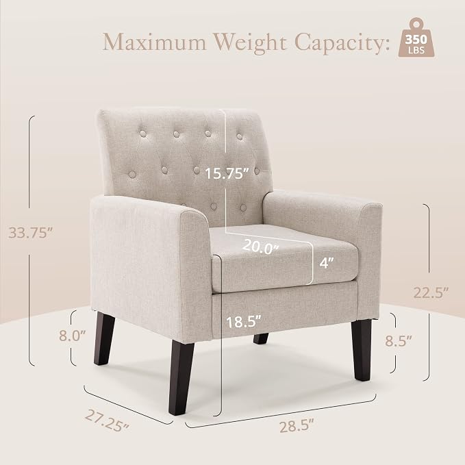 LUE BONA Linen Color Linen Accent Chair 18.5" H, Button Tufted Upholstered Modern Armchair, Comfy Living Room Chair with Arms, Arm Chairs for Living Room, Bedroom, Small Space