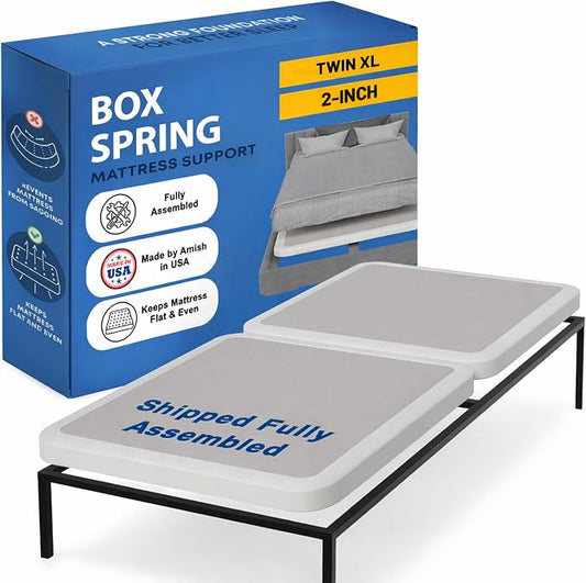 Greaton, Box Spring Bed Base Twin XL Size, 2-Inch Wood Mattress Foundation - Amish Made in USA – Quiet Noise Free, 2-Pieces Under Mattress-Support BoxSpring, Fully Assembled, White