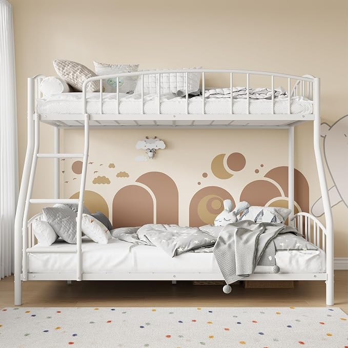 GarveeHome Metal Bunk Bed Twin Over Full, Heavy Duty Bunkbeds Frame with Arched Guardrail and Safety Ladder, Sturdy Steel Bed for Kids Boys Girls, Space-Saving, No Box Spring Needed, White