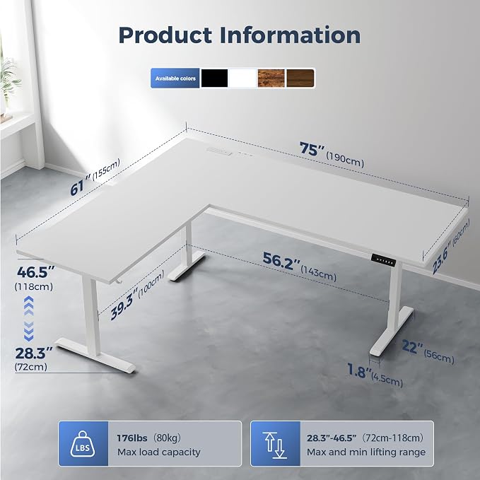 Klicelor L Shaped Standing Desk 75 x 61 Inch,Electric Height Adjustable Corner Desk with Cable Management & Power Outlets, Ergonomic Sit Stand Up Computer Table for Home Office,White