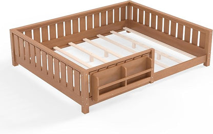 Bellemave Queen Size Floor Bed with Slats and Guardrails, Queen Size Montessori Floor Bed with Bookcase and Fence, Low Profile Montessori Beds for Kids, Natural Floor Beds Frame