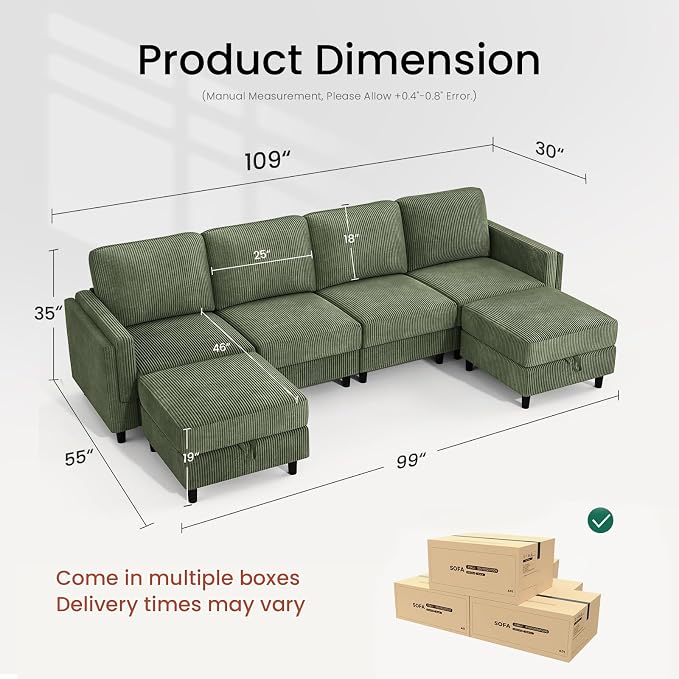 KKL Modular Sectional Sofa Bed with Storage Ottoman, Convertible L/U-Shaped Sleeper Couch for Living Room, Modern Reversible Design(Green,6 Seater U Shape)