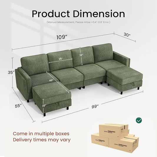 KKL Modular Sectional Sofa Bed with Storage Ottoman, Convertible L/U-Shaped Sleeper Couch for Living Room, Modern Reversible Design(Green,6 Seater U Shape)