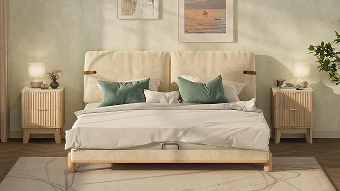 Fluted Nightstand Set of 2,Modern End Table with Faux Marble Top,2 Storage Drawers Side Table,Bedside Table for Bedroom, Living Room,Curved Profile Design Furniture,Natural Oak