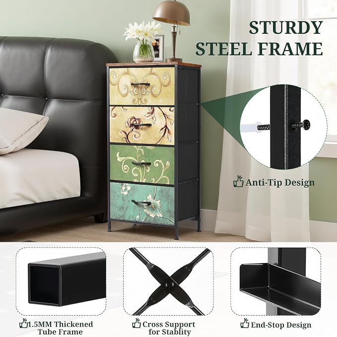 4 Drawers Dresser for Bedroom, Fabric Storage Tower Organizer with Wooden Top and Steel Frame, Tall Chest of Drawers for Closet, Entryway, Dorm, Floral Painted